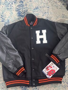 H Black & Orange Letterman Jacket with Leather Sleeves